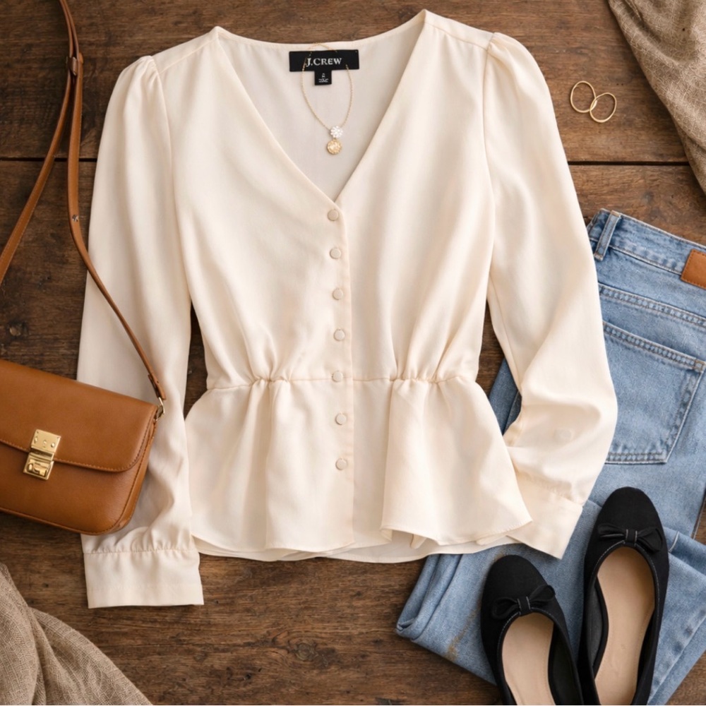 J.Crew Ivory Button Front Peplum Blouse Romantic Feminine Top 2